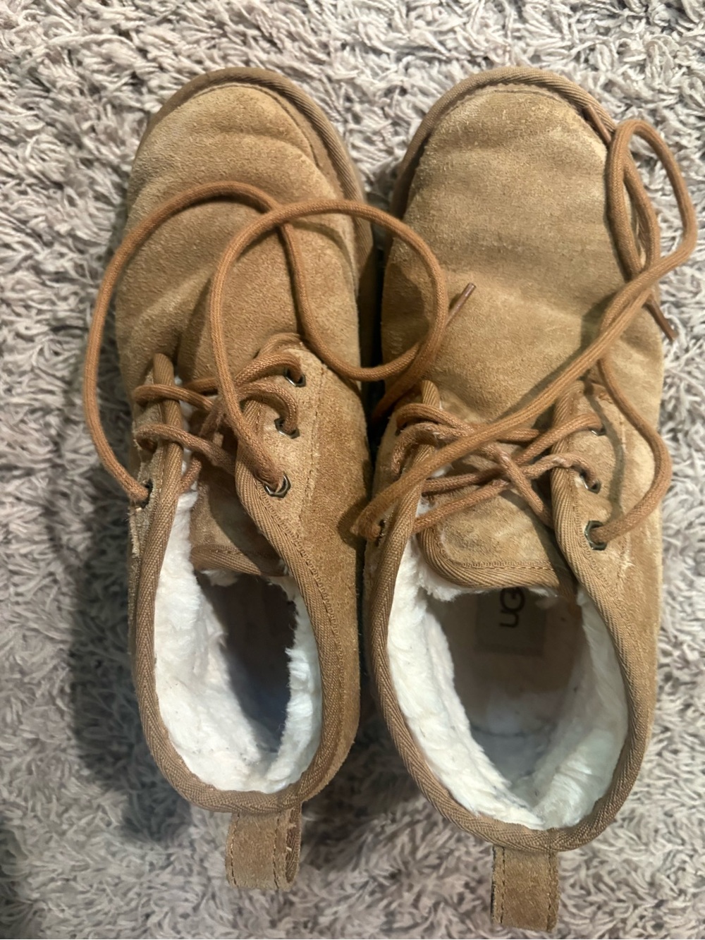 UGG Chestnut Suede Lace-Up Boots with Plush White Lining